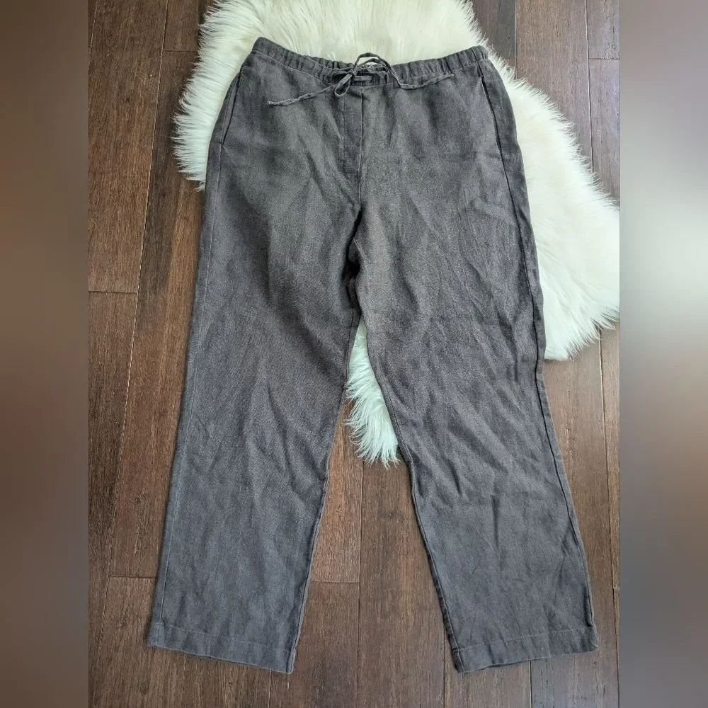 Zara 100% Linen Grey Greige Pull On Elastic Wide Leg Pants L Large